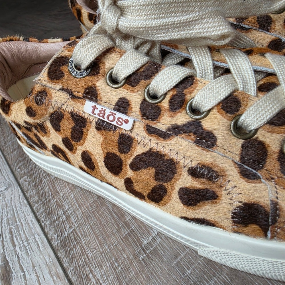 Taos Plim Soul Lux Sneakers Womens 9 Brown Leopard Calf Hair Leather Boho Trendy